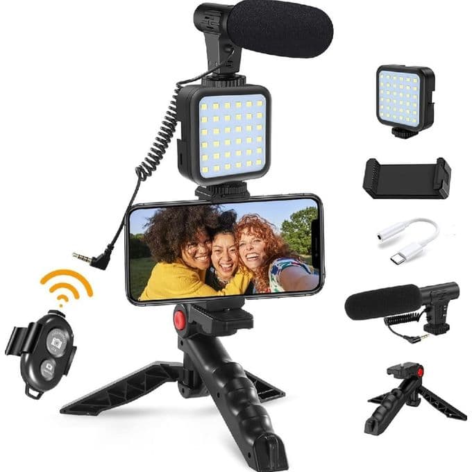  All-in-One Vlogging Tripod Kit with Microphone, LED Light, & Type-C Adapter